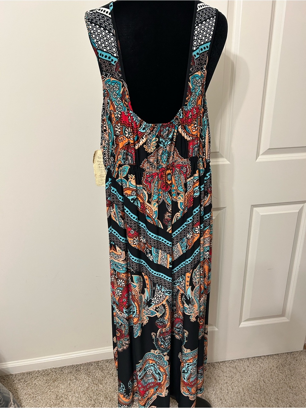 NWT ONE WORLD Sleeveless V-Neck Maxi Dress in Black with Turquoise & Red Accents - Picture 5 of 10